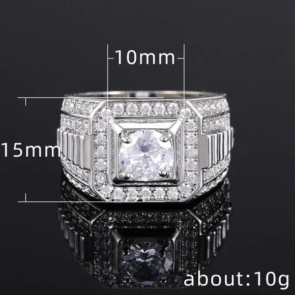 🎁 Fever Square Glitter Zircon Silver Chunky Wedding Rings for Man, PD663
